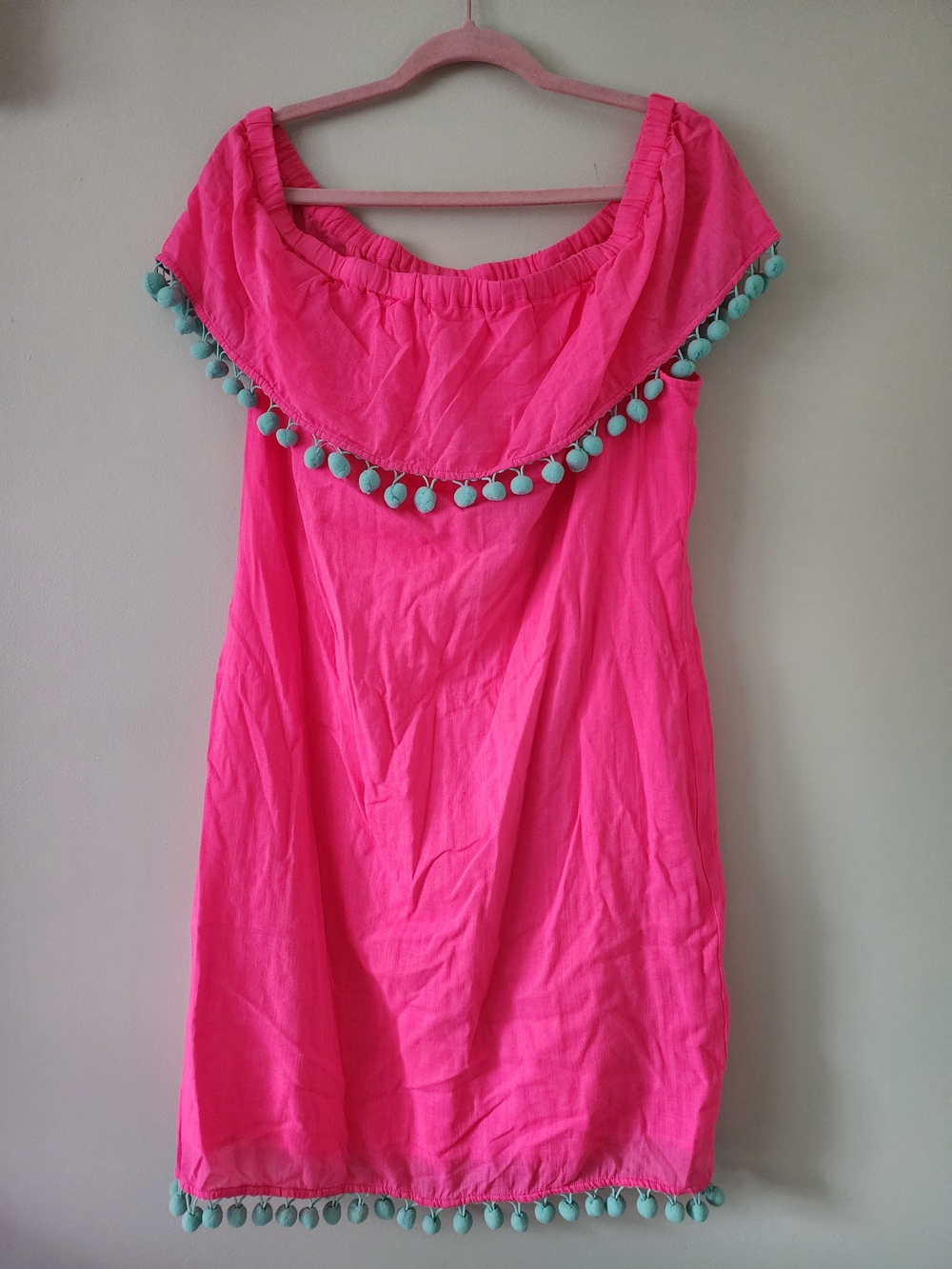 NWT Sail to Sable Hot Pink Off-Shoulder Pom-Pom Dress